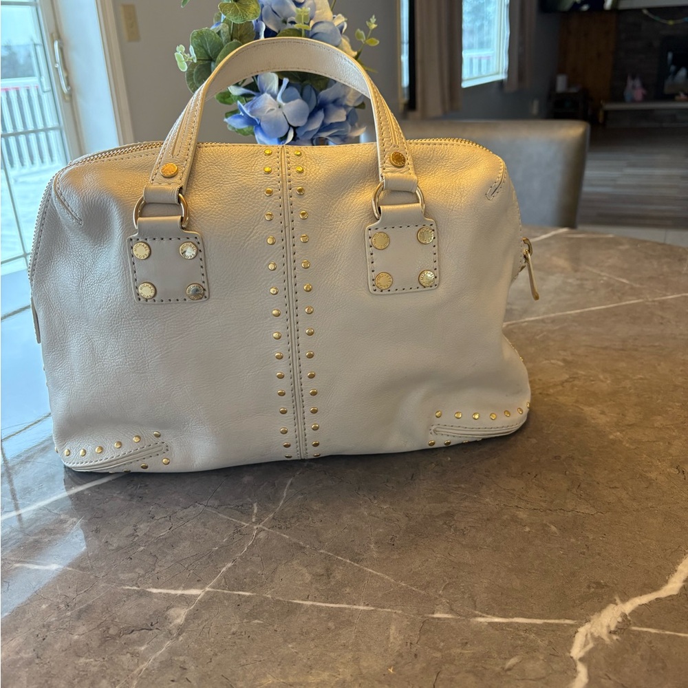 Cream Textured Leather Satchel with Metallic Hardware